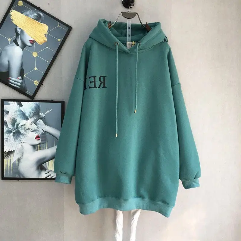 Autumn Winter New Solid Color Long Sleeve Mid-length Sweatshirt Women High Street Casual Loose Hooded Thicken Warm Pullovers