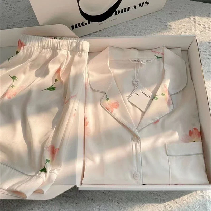 Women's Summer Faux Silk Pajama Shorts Set Casual Women's Short Sleeve Top and Shorts Home Clothes Flower Faux Stain Pajama Set