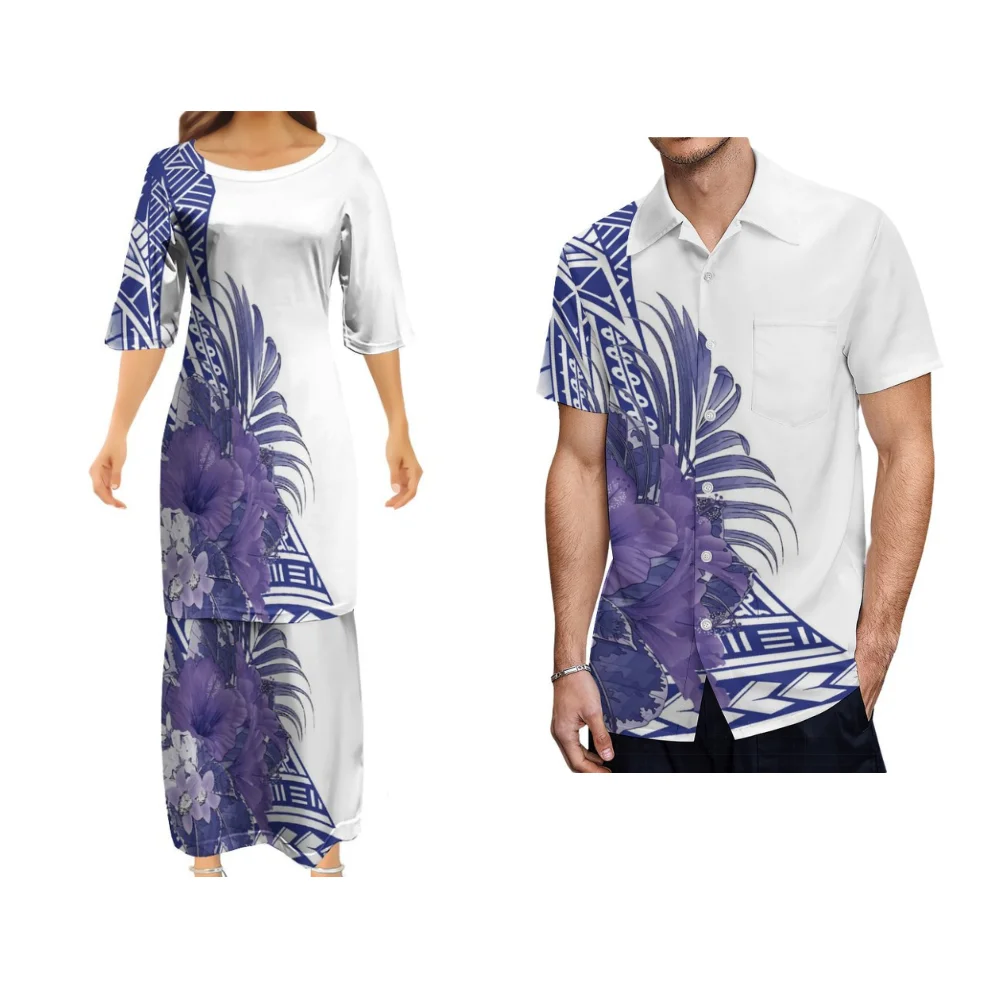 Samoan Polynesian Couple's Set - Women's Dress & Men's Shirt Custom Puletasi Long Skirt Outfit (White)