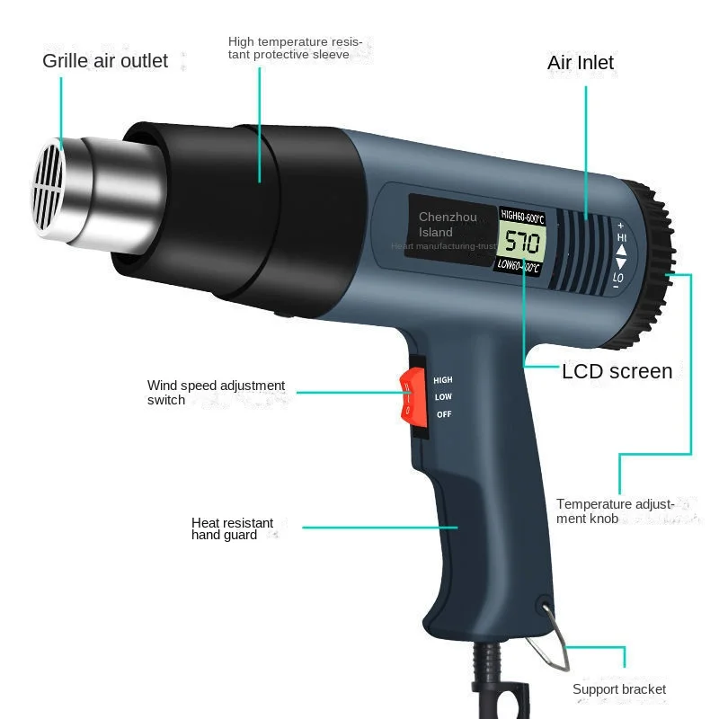 Electric Grill Gun Digital Display Temperature-regulating Hot-air Gun, High-power Baking Gun, Automobile Film Baking Gun