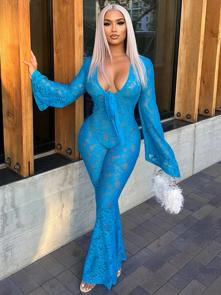 Sibybo Sexy Lace Jumpsuit Pants Deep V Long Sleeve Mesh Cutout Romper Tight Height Waist Bell Bottoms Fall Women's Streetwear blue mesh transparent sexy jumpsuit 2022 winter fashion elegant long sleeved womens tight nightclub clothing   slim trousers