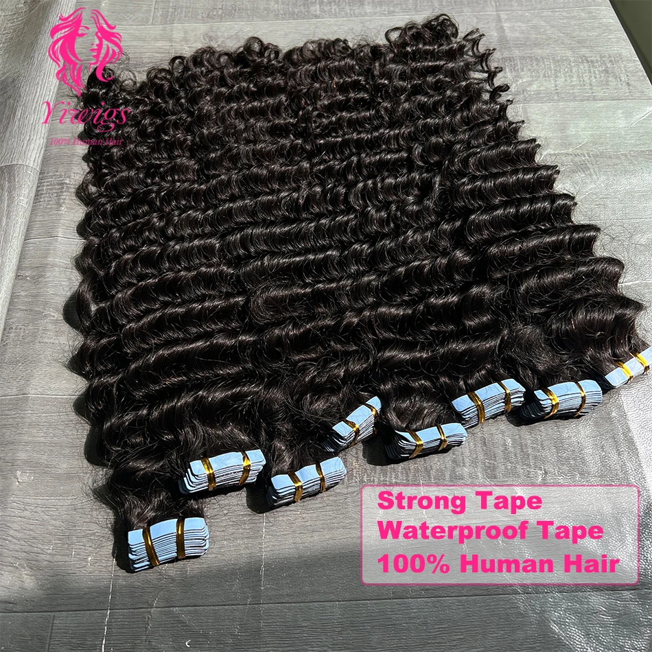 Deep Wave Tape In Extensions Unprocessed Raw Human Hair Invisible PU Skin Weft Tape For Women
