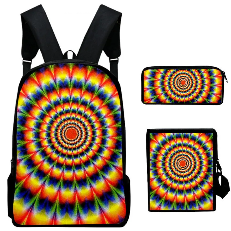 Classic Novelty Colourful Tie dye 3D Print 3pcs/Set pupil School Bags Laptop Daypack Backpack Inclined shoulder bag Pencil Case