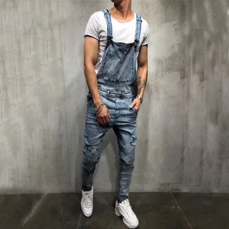 Men's Biker Jeans Bib Overalls Jumpsuits Streetwear Casual Stretch Ripped Dungarees Strap Jeans