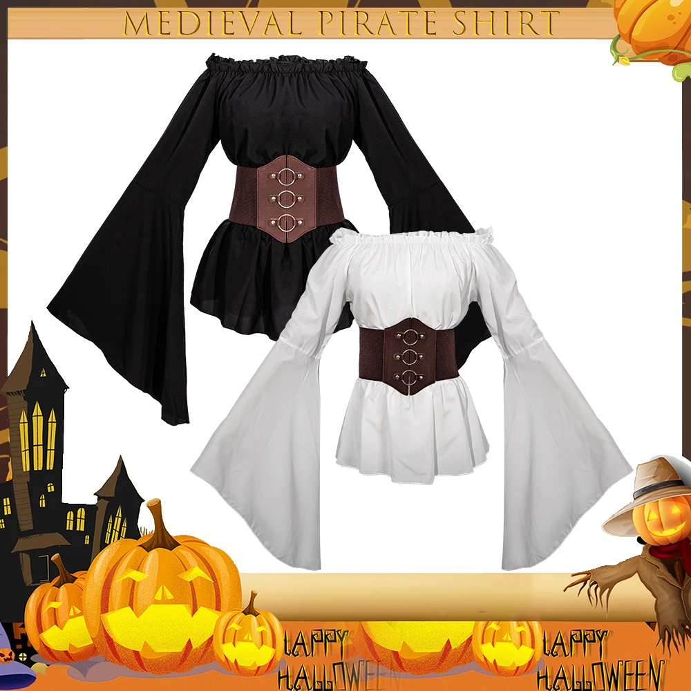 

Halloween Stage Costume Pirate Shirt Woman European and American Medieval Renaissance Long-sleeved Shirt Tunic Anime Suits