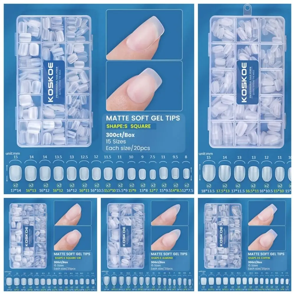 300pcs/box Short Square Shaped Matte Soft Gel Tips Press on Nails Droplet Shaped Extension Soft Nails Solid Color 15 Sizes