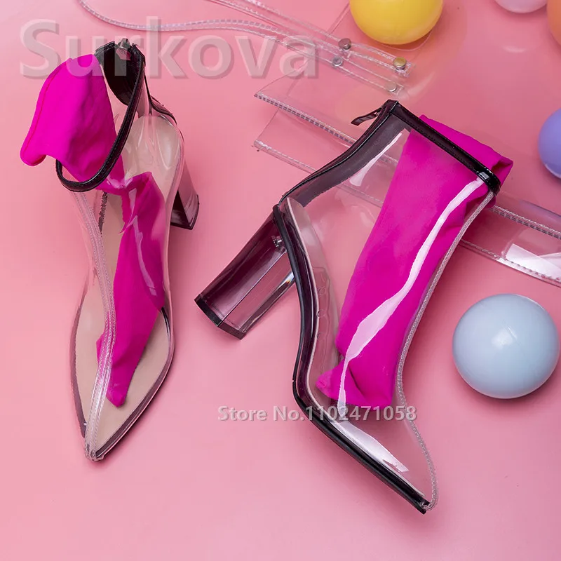 

Women Ankle Boots Transparent Pvc Pointed Toe Square Heels Short Boots Fashion Design High Heels Ladies Waterproof Rain Boots