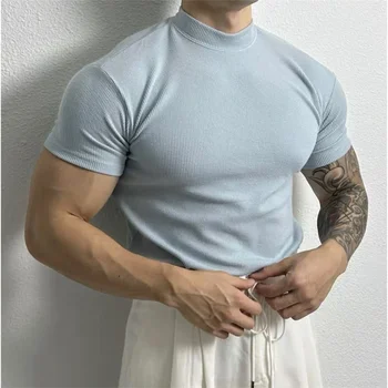 T-shirt da uomo estive Manica corta Fitness Gym Training Tees Mezza collo alto T-shirt skinny solida Maschile Running Basic Tops