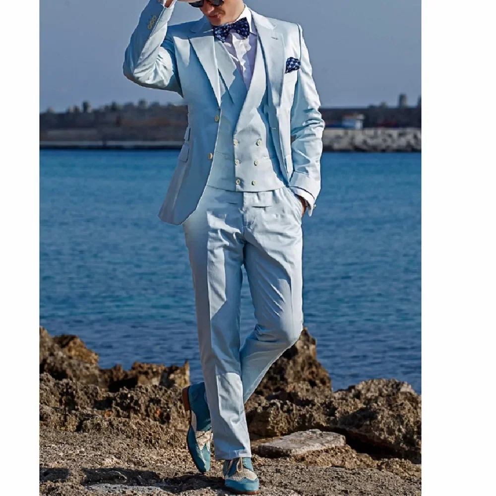 

Fashion Baby Blue Men Suits 3 Piece Elegant Groomsmen Notch Lapel Groom Tuxedos Wedding Best Male Suit (Jacket+Pants+Vest ) 2024