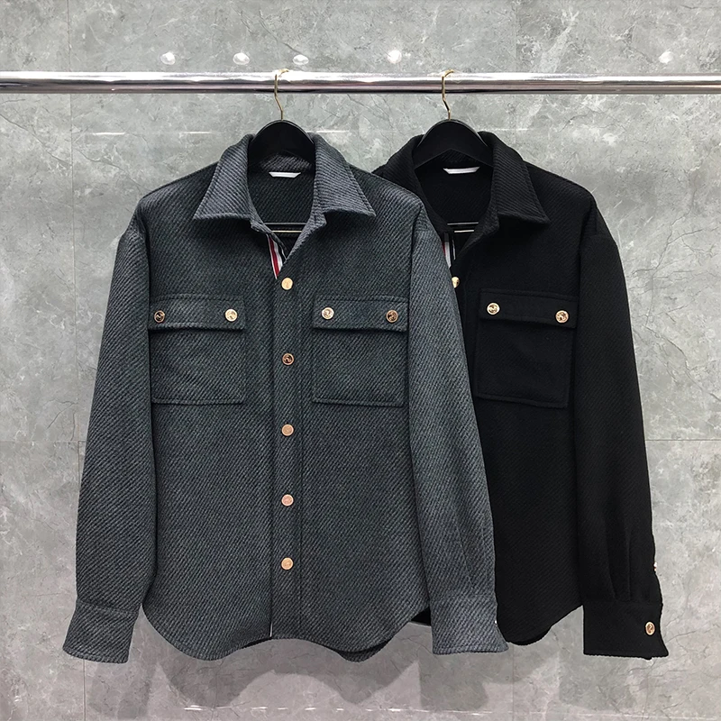 

TB Men's Jacket Cardigan Autumn Winter New Korean Fashion Brand Casual Loose Gold Buckle Turn Down Collar Classic Polyester Coat