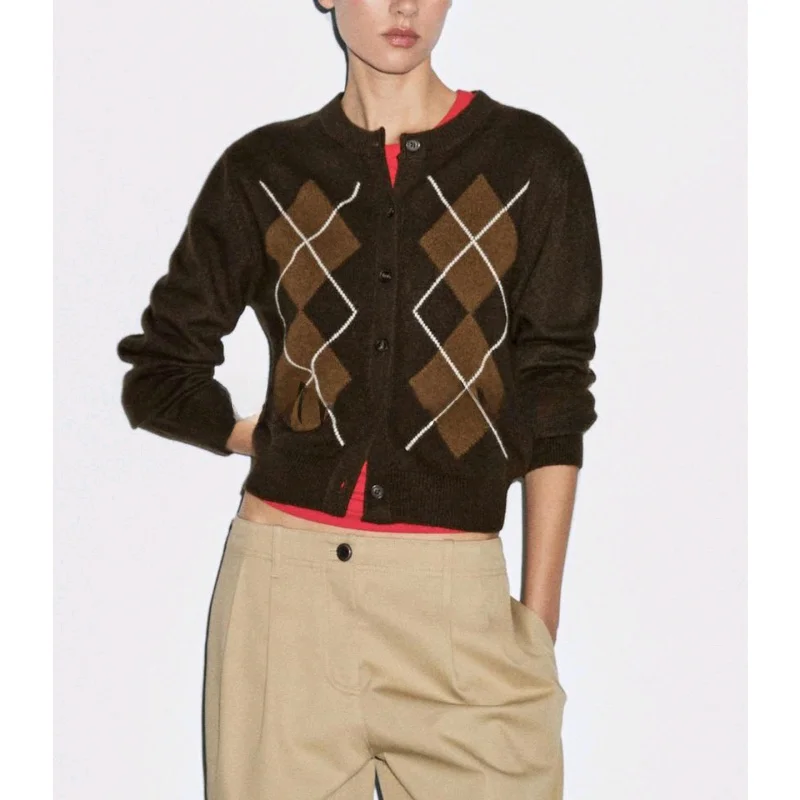 Autumn Women's Knitted round Ne Open Front Sweater Diamond Pattern Retro College Sle Polyester Fiber Long Sve Regular ...