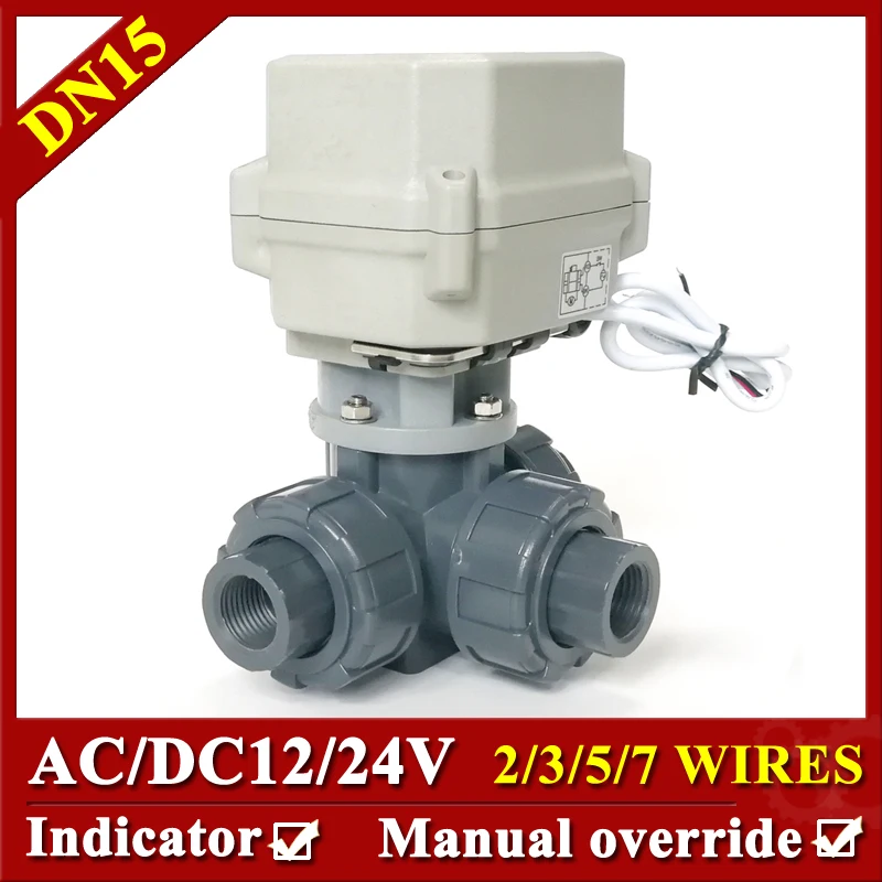 

DN15 1/2" UPVC 3 Way True Union Electric Motorized Ball Valve with DC12V 2 wires Electric Water valve with manual override