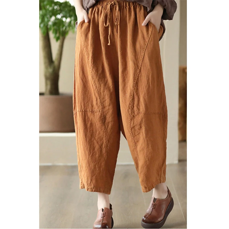 2023 Spring Summer Solid Color Haren Trousers Women Elastic Waist Drawstring Pockets Ankle Length Pants Vintage Female Clothing neophil 2022 summer women denim jeans pants korean style high wasit straight casual pockets female ankle length pants 5xl p21411