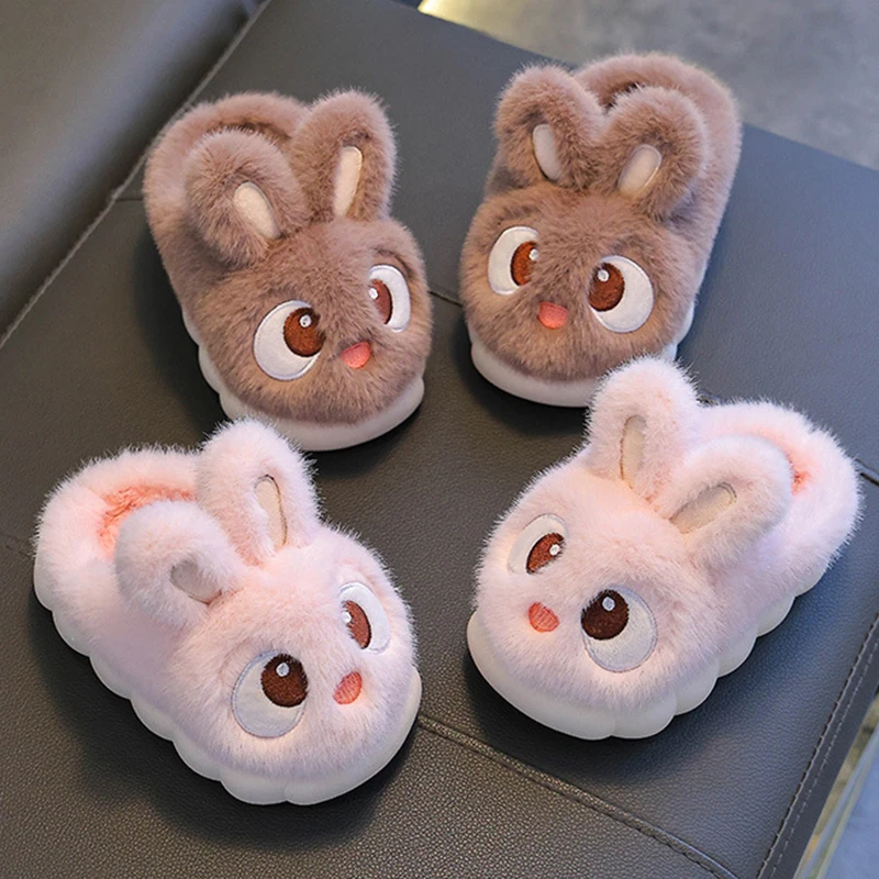 Cute Rabbit Children's Cotton Slippers Infoor Non Slip Soft Bottom Fluffy Slides Children Winter Warm Plush Slippers Women 24-41