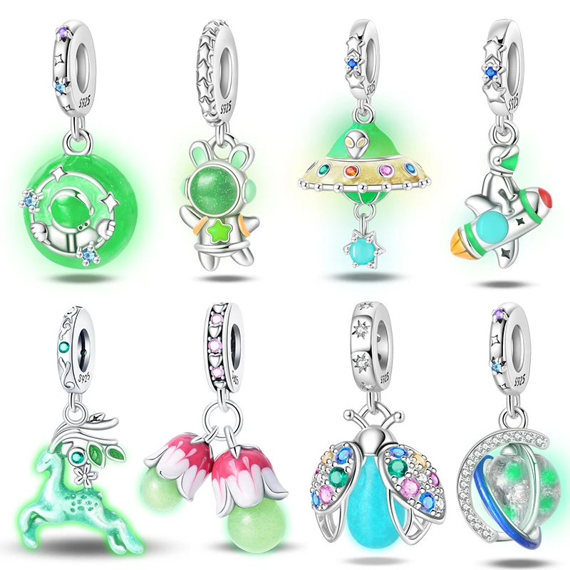 925 Silber Farbe Leuchtender Planet Raumschiff Astronaut Glühwürmchen Charms Perlen Fit Qikaola 925 Armbänder DIY Weihnachten Schmuck Geschenke