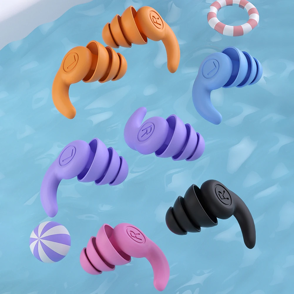 Swimming Silicone Ear Protector Three-Layer Noise-Reducing Earplugs Sound Insulation Cap Waterproof Washable for Children Adult