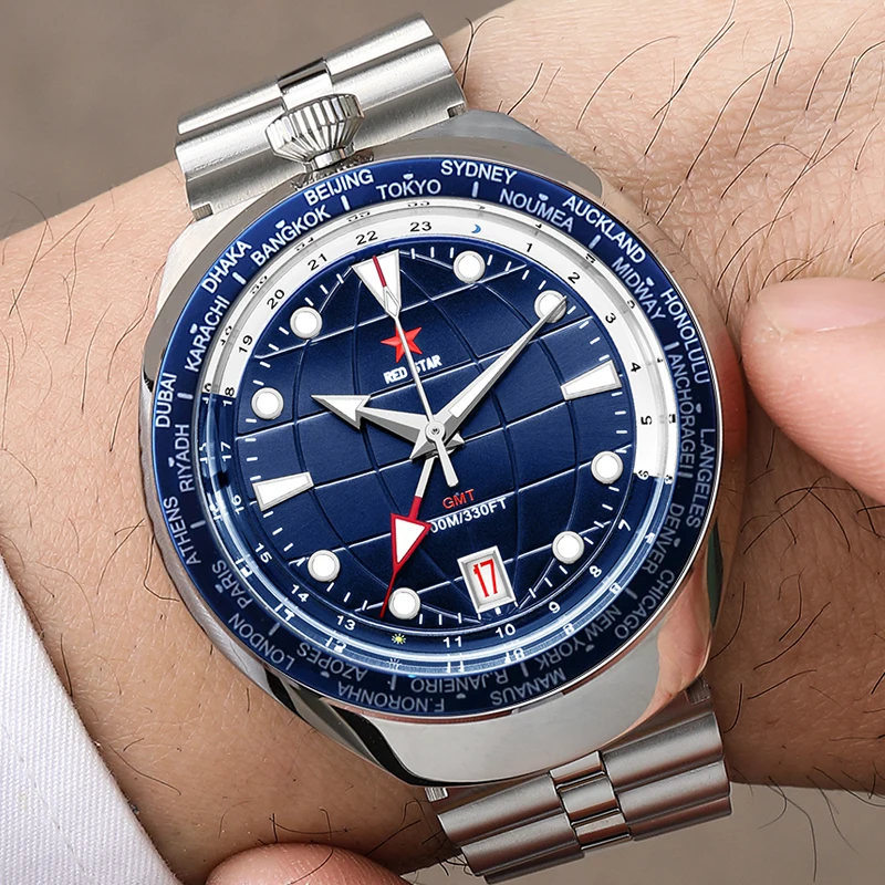 Red Star 10Bar Diving Automatic Mechanical Watches 42mm GMT4 Dual Time Zone Stainless Steel Super Luminous Waterproof Wristwatch super high gain c band lnb h and v anti interference 5g frequency 3 7 4 2ghz waterproof c band lnbf dual output 5150mhz