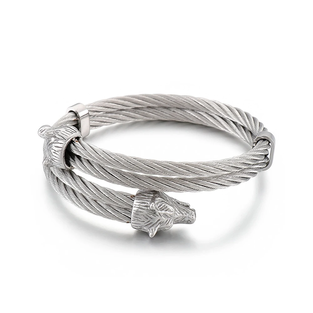 Men's Stainless Steel Norse Viking Double Wolf Head Bracelet Punk Biker Vintage Animal Bangles Charm Trendy Jewelry Dropshipping 6