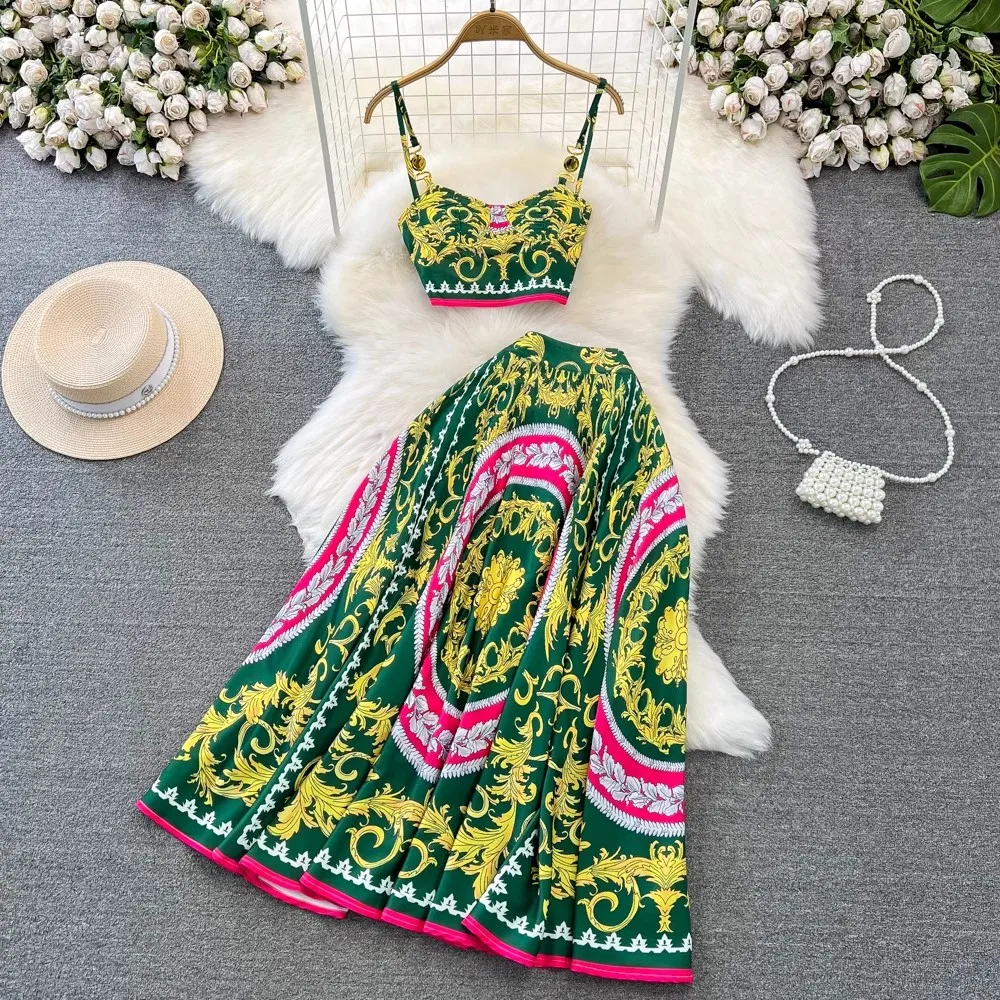 Women Two Piece Set Summer Holiday Runway Spaghetti Strap Padded Cup Zipper Strap Print Print Short Crop Top + Long Skirt Suits momanda lace wireless bralette lightly padded maternity nursing bra for pregnant double strap s xl pregnant women