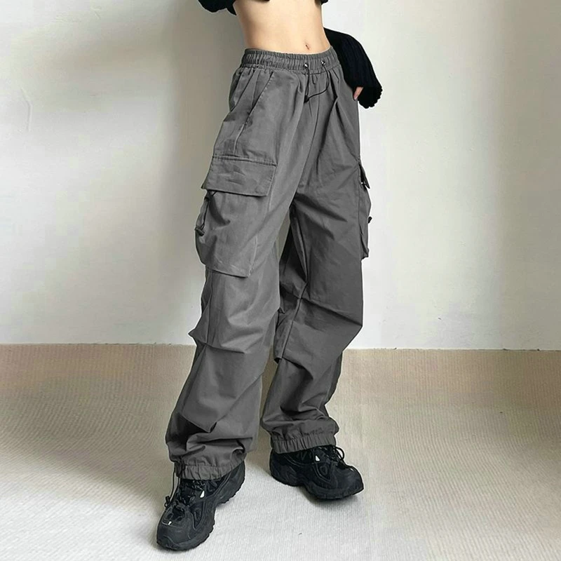 Women Cargo Pants High Waist Vintage Grey Loose Streetwear Baggy Jeans  Retro Sporty Pockets Wide Leg Y2K Denim Trousers Overalls