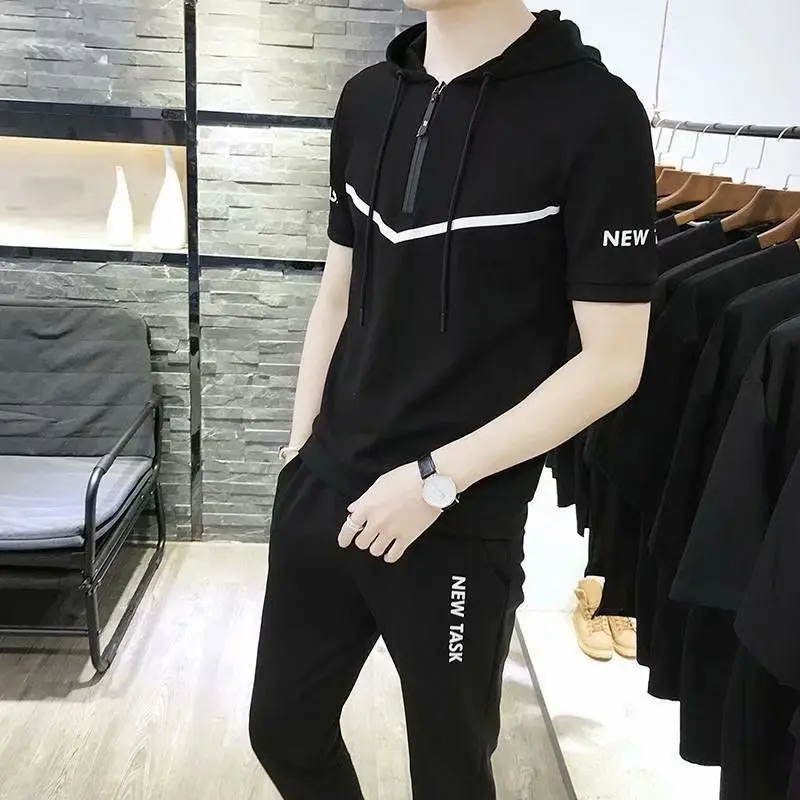 thumbnail image 1 of Sudadera con capucha blanca estética de manga corta, pantalones, conjuntos casuales geniales Kpop Xl, ropa suave para hombre, camiseta elástica para exteriores para hombre, 1 of 5