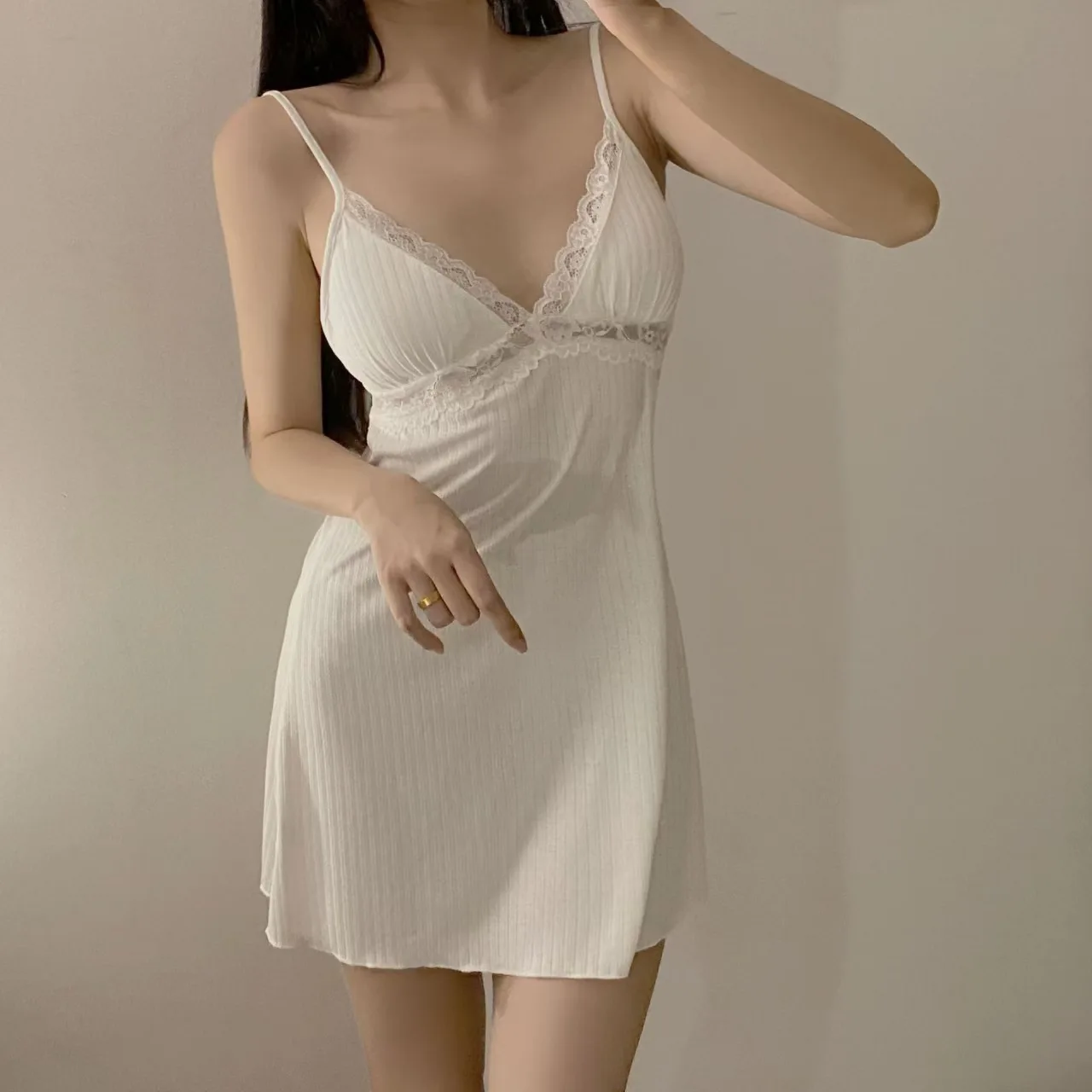 Womens Ribbed Knit Cami Dress Lace Trim V Neck Spaghetti Strap Mini Slip Nightgown Loungewear Casual Y2K Summer Sleep Dress Soft