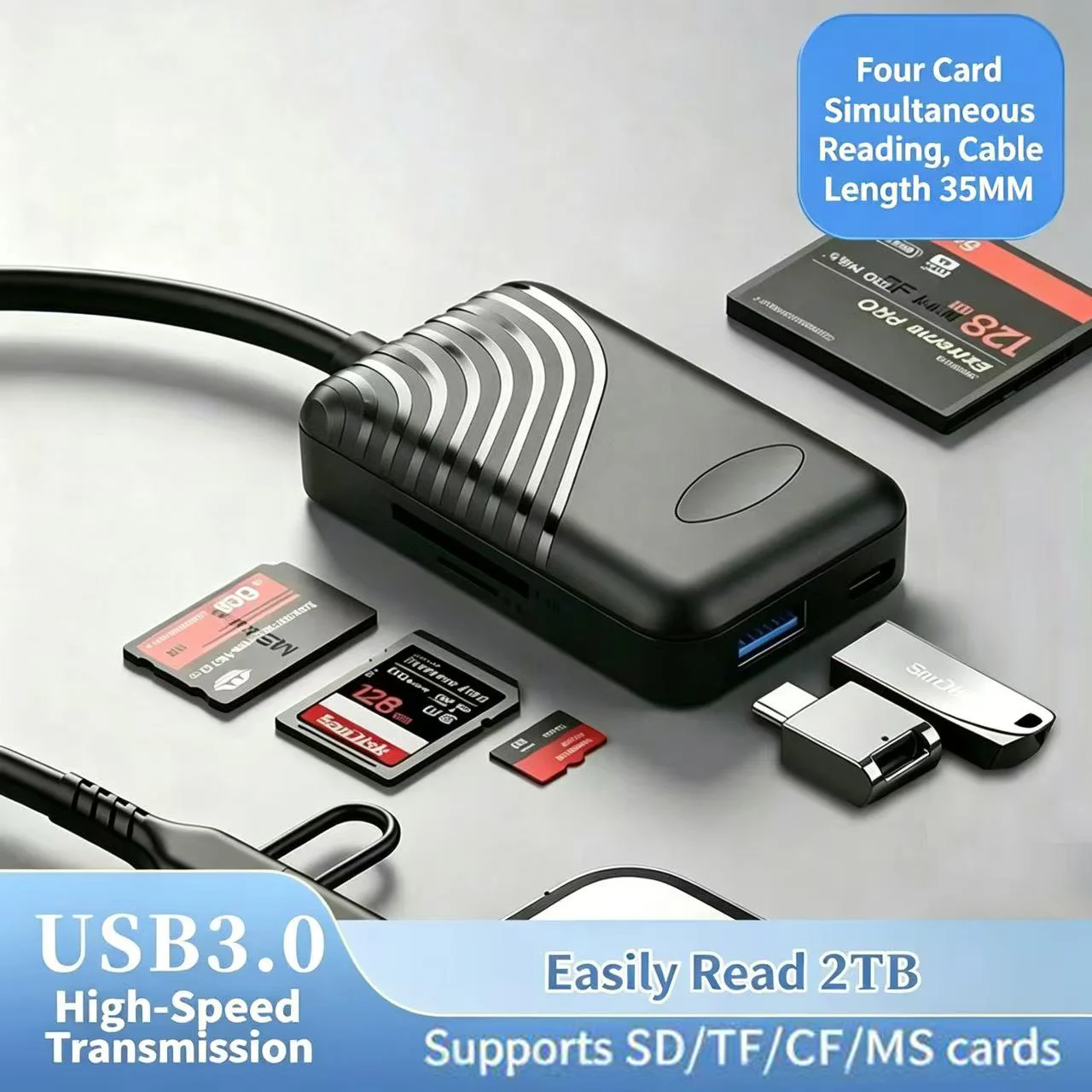 قارئ بطاقات ذكي 8 في 1 مع منفذ USB 3.0 من نوع C، يدعم بطاقات SD وMicro SD وTF وCF وMS وCompact Flash، مناسب لأجهزة الكمبيوتر المحمولة والكمبيوتر الشخصي، قارئ بطاقات متعدد الوظائف.