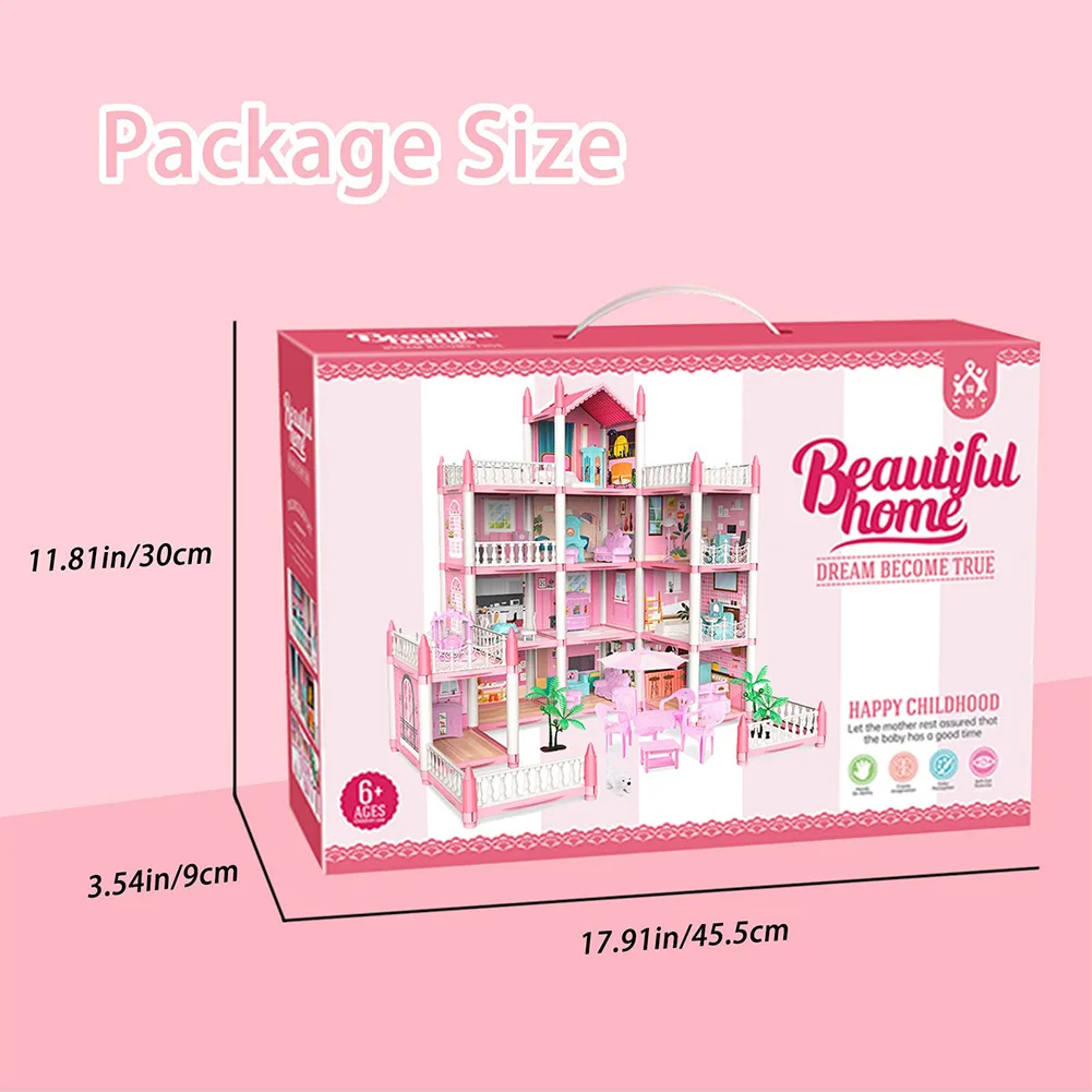 Four-story pink princess dollhouse with 11 rooms and complete furniture set for girls