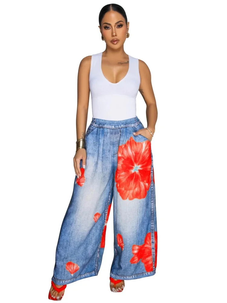 Wmstar Denim Pants Women Wholesale European American Foreign Clothing Russian European Printed Wide Leg Casual Summer 2025