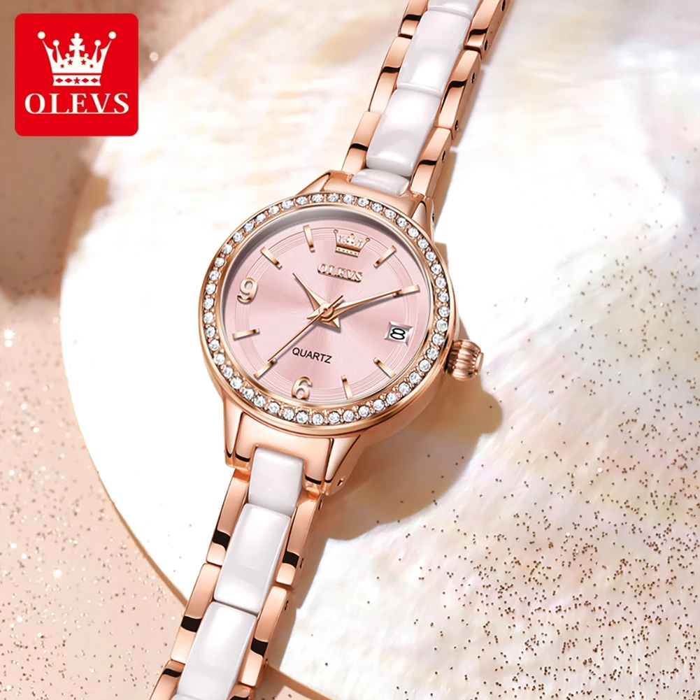 OLEVS 7093 Quartz Watches For Women Luxury Exquisite Small Dial Diamond Bezel Ceramics Steel Strap Waterproof Ladies Wristwatch