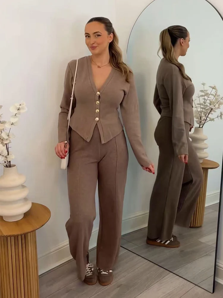 TFMLN Autumn Straight Pant Sets For Women Simple V Collar Commuting Top Fashion High Waist Streetwear Female Pant Two Piece Set