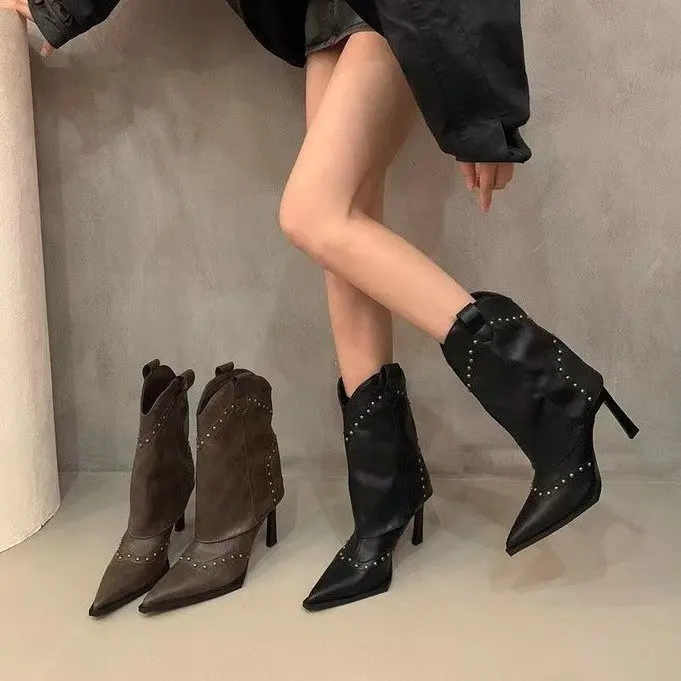 Vintage Rivet Women Western Cowgirl Boots Fashion Slip On Shoes Autumn Winter High Heel Women's Knight Short Booties 2025