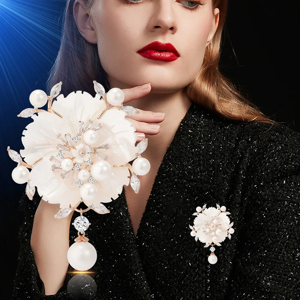 Brooch for women Shell Peony Flower Brooches Pearl Zircon Inlaid Clothing Pin Luxury Jewelry Valentine's Day Gift for Girlfriend