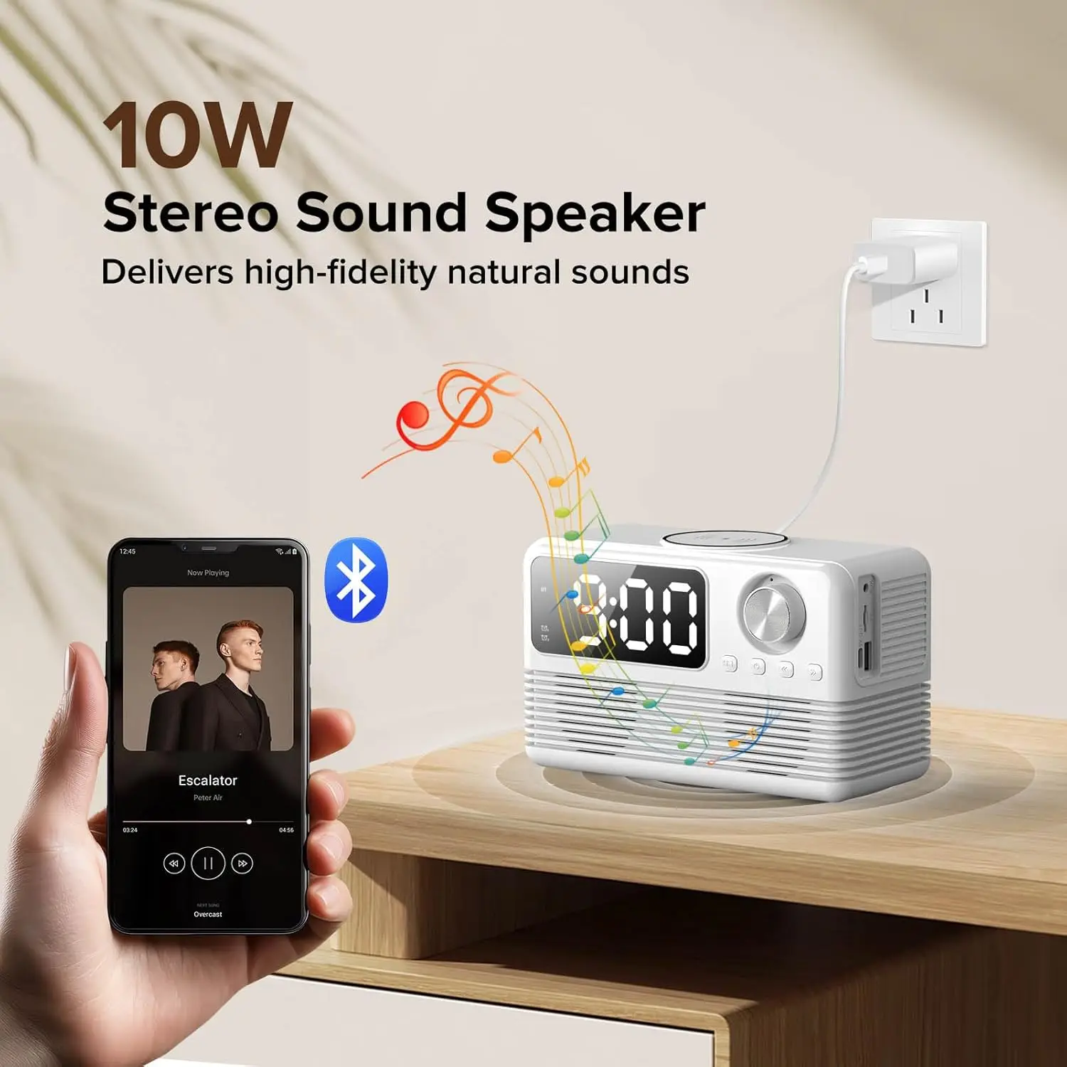 4-in-1 Wireless Charging Station with Fast 15W Charger, Bluetooth Speaker, Alarm Clock, and FM Radio for Bedroom Use 4