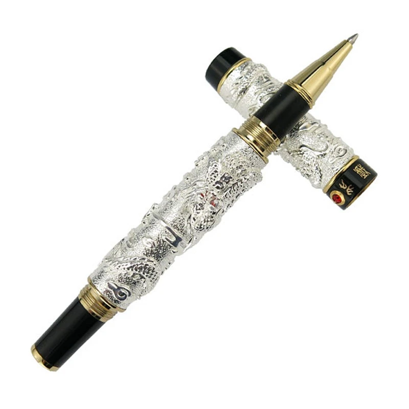 brand new jinhao gray metal double dragon playing pearl carving embossing roller ball pen heavy pen gift pen set No Gift Box Jinhao Silver & Black Classic Roller Ball Pen Double Dragon Playing Pearl Metal Carving Embossing Heavy Pen JDF001