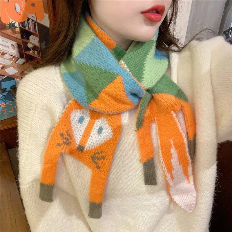 Autumn Winter Little Fox Scarf Children's Cartoon Fox Knitted Scarf for Women Baby Boys Girls Warm Shawl Knitting Animal scarf accessories knitting scarf