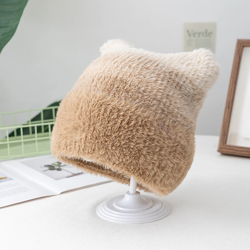 New Style Gradient Color Dandy Hat Cat Ear Lazy Beanie Hat Sweet Winter Hats For Women Streetwear Warm Fur Hats For Girl Gift