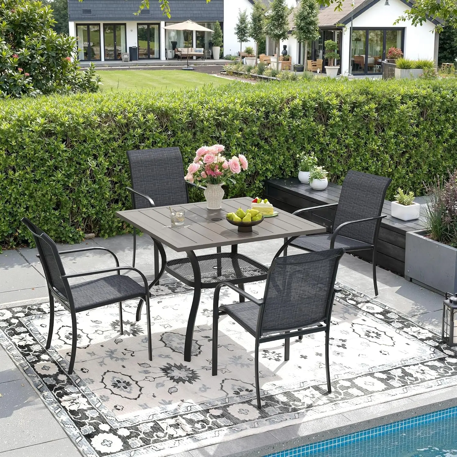 5 Piece Outdoor Dining Set Square Wood-Like Table Umbrella Hole Stackable Armrest Chairs Lawn Garden Porch Customized