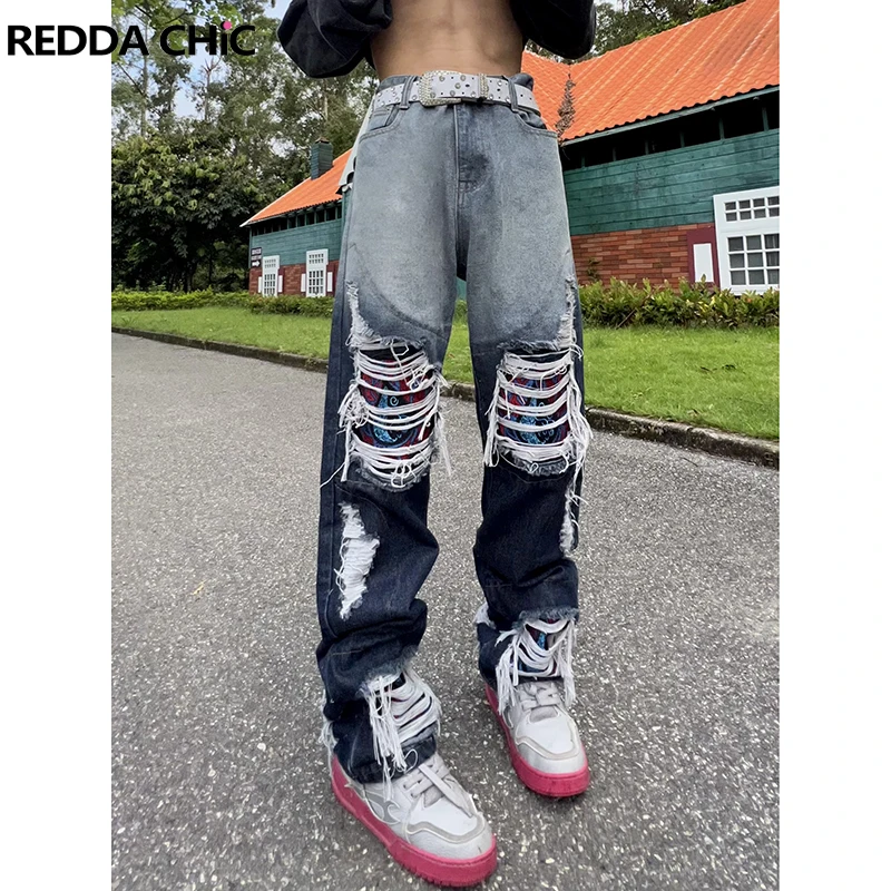 

Брюки REDDACHIC мужские с широкими штанинами, свободные джинсы с вышивкой, прямые брюки-карандаш, стиль гранж, хип-хоп, черные