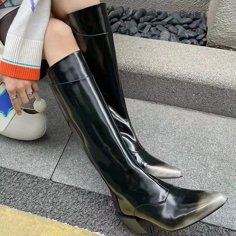 

Gradient Pointed Toe Block Heel Rider Knee Boots Patent Leather Chunky Heel Zip-Back Mid-Calf Botines Silp-On Women Shoes