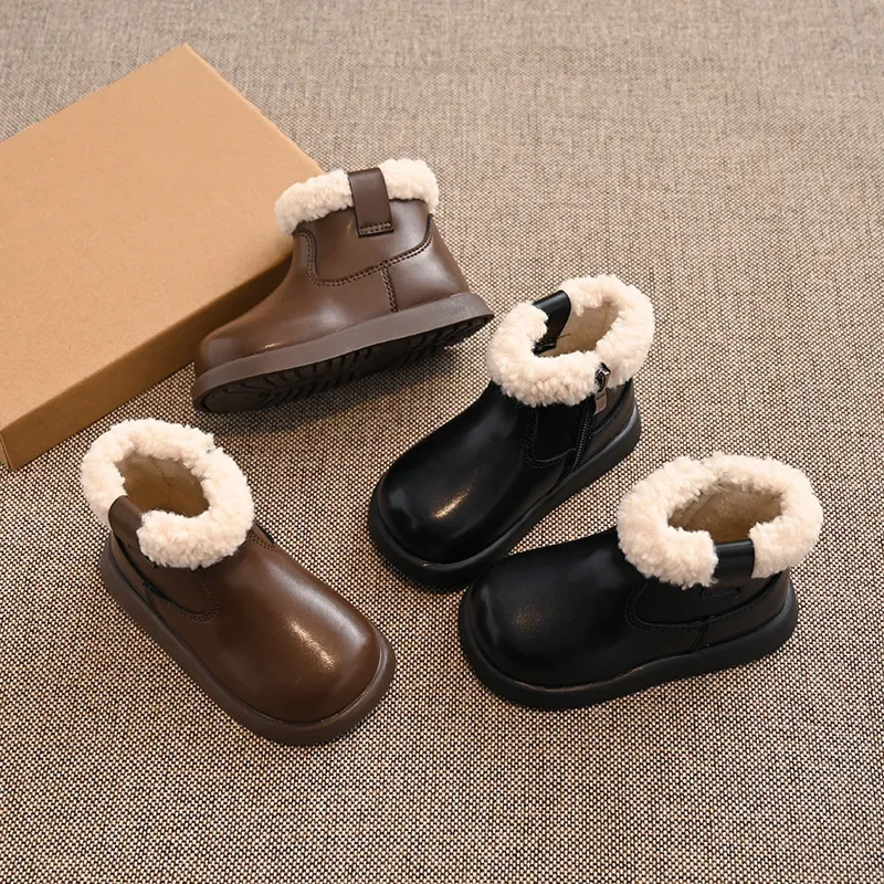 Kids Short Boots with Fur Soft Sole Non-slip Girls Princess Shoes with Side Zip 2025 Winter New Fashion Children Ankle Boot Warm