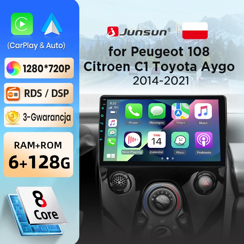 Radio de coche Junsun con CarPlay inalámbrico y Android Auto para Peugeot 108, Citroën C1, Toyota Aygo 2014-2021, sistemas inteligentes DSP, SWC, RDS 1