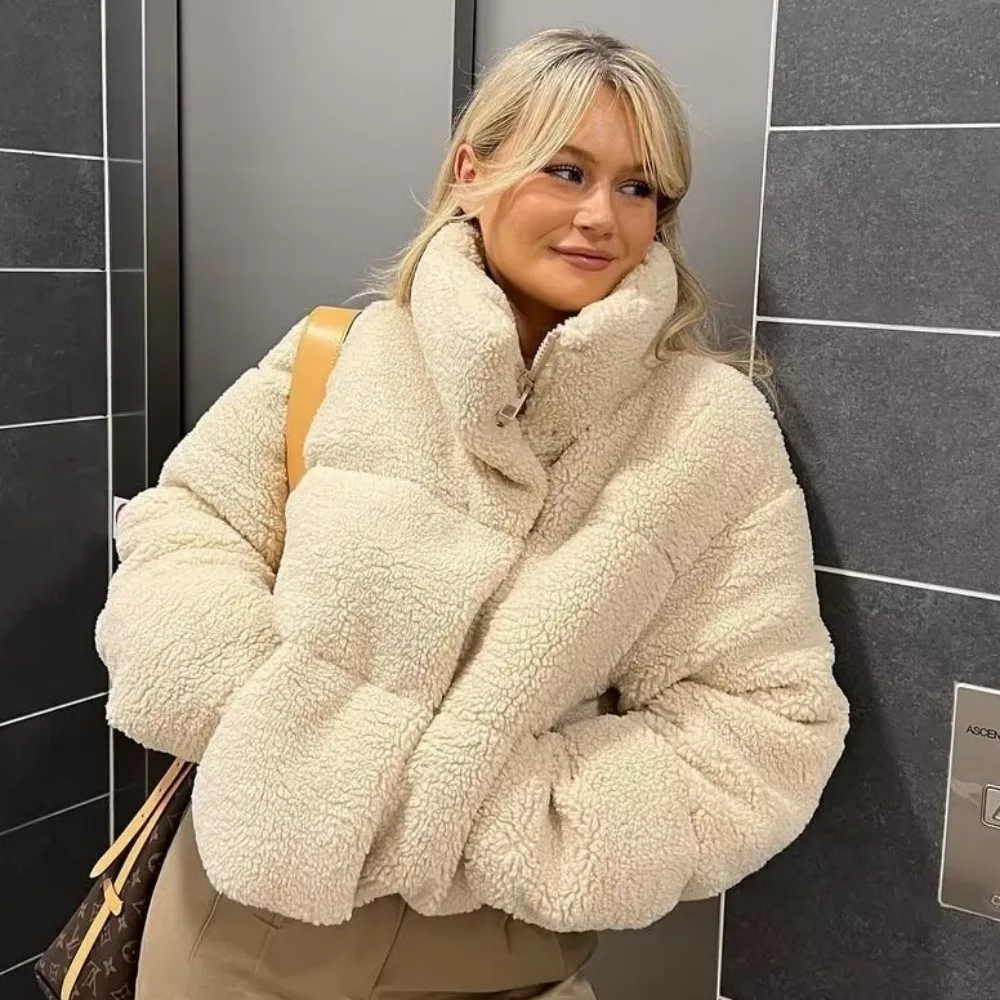 PB&ZA 2023 Autumn and Winter New Women's Lamb Wool Short Cotton Coat Standing Collar Thickened Warm Bread Coat Cotton Coat 4