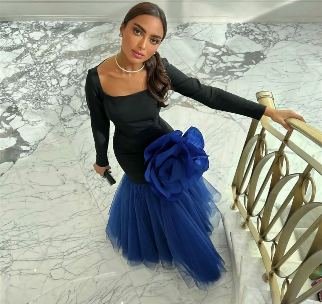

Elegant Long Blue Tulle Sqaure Collar Evening Dresses With Flower Mermaid Floor Length Slit Formal Occasion Prom Party Gowns