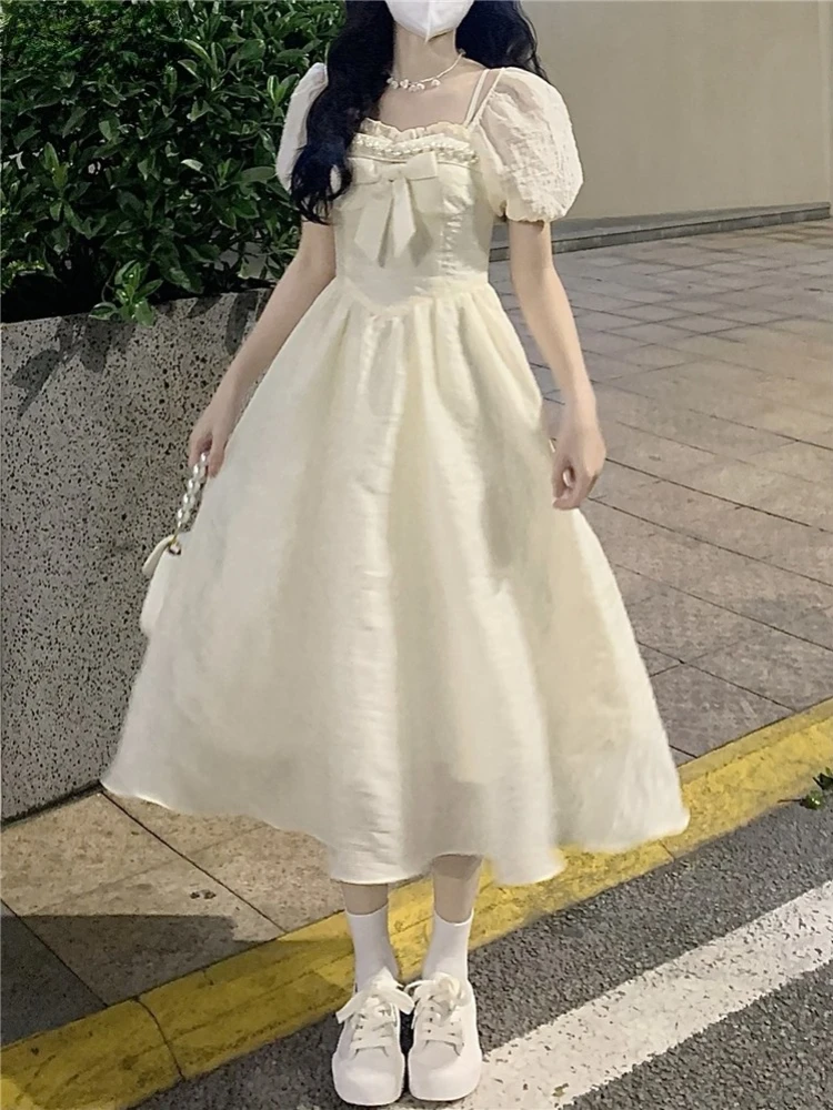

Summer Sweet Lolita Princess Dress Women Square Collar Bow Puff Sleeve Midi Dresses Elegant Female Casual Vacation Vestido Girl