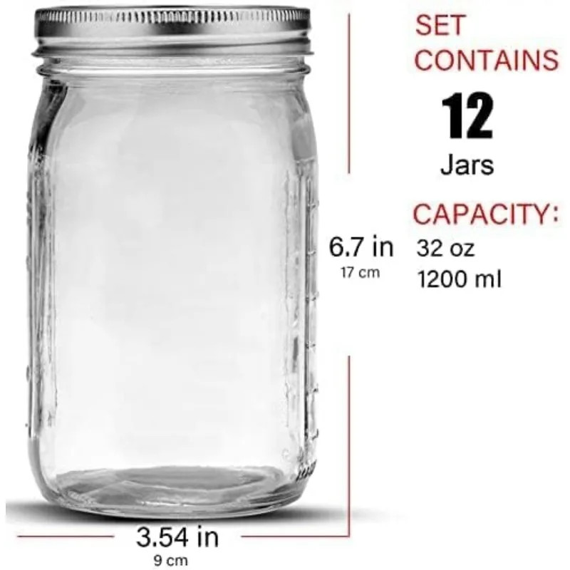 32 oz, 12 Pack Quart Mason Jars With Wide Mouth Lids, Glass Jars for Canning, Food Storage, Meal Prep, DIY Projects etc. 4
