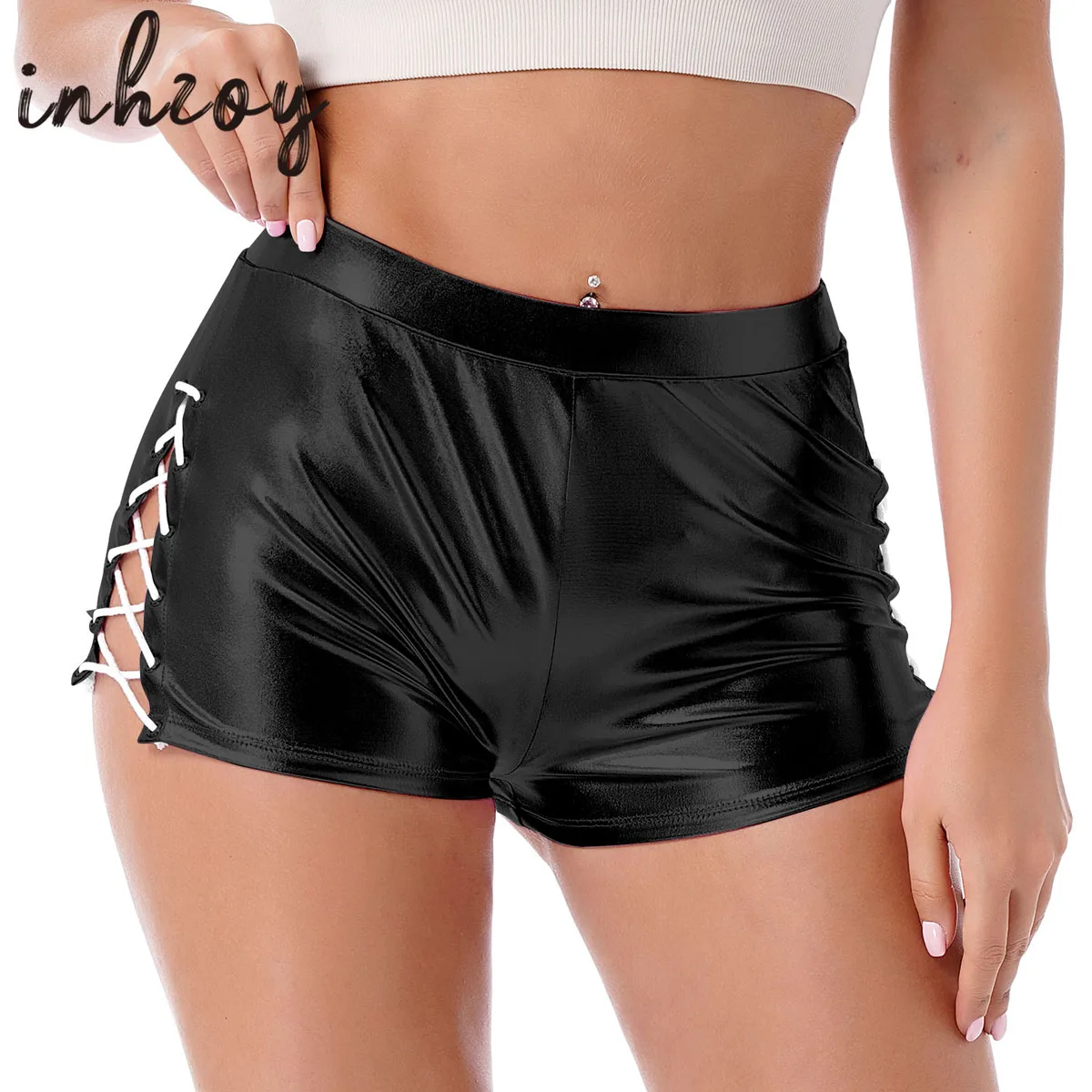 

Women Sexy High Waist Workout Fitness Shorts Female Cheer Booty Dance Shorts Shiny Metallic Side Slit Pole Dancing Clubwear