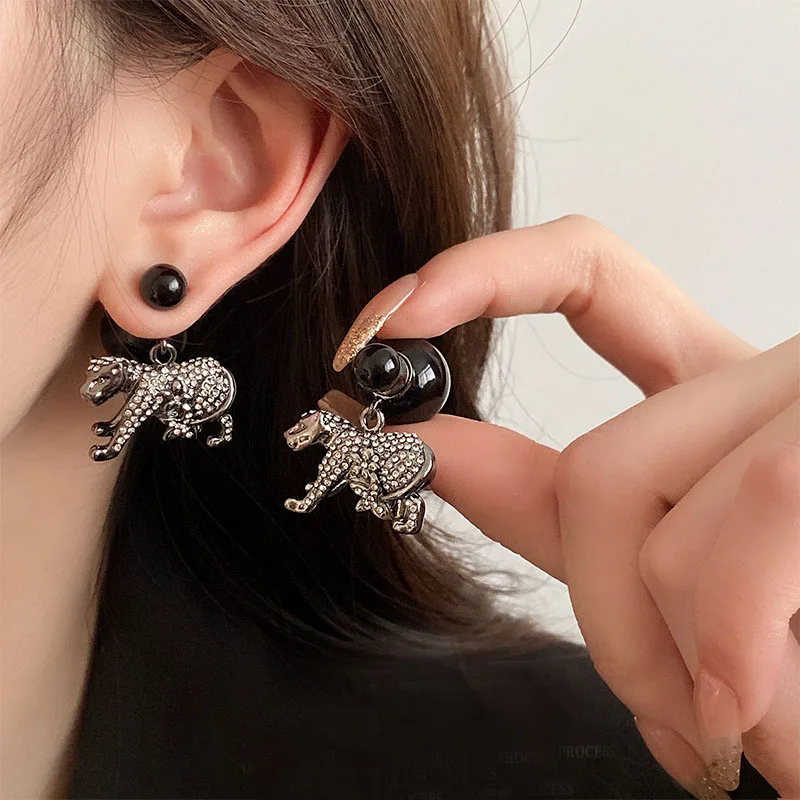 S3391 Rhinestone Leopard Dangle Earrings S925 Silver Needle For Women Ball Beads Stud Earrings