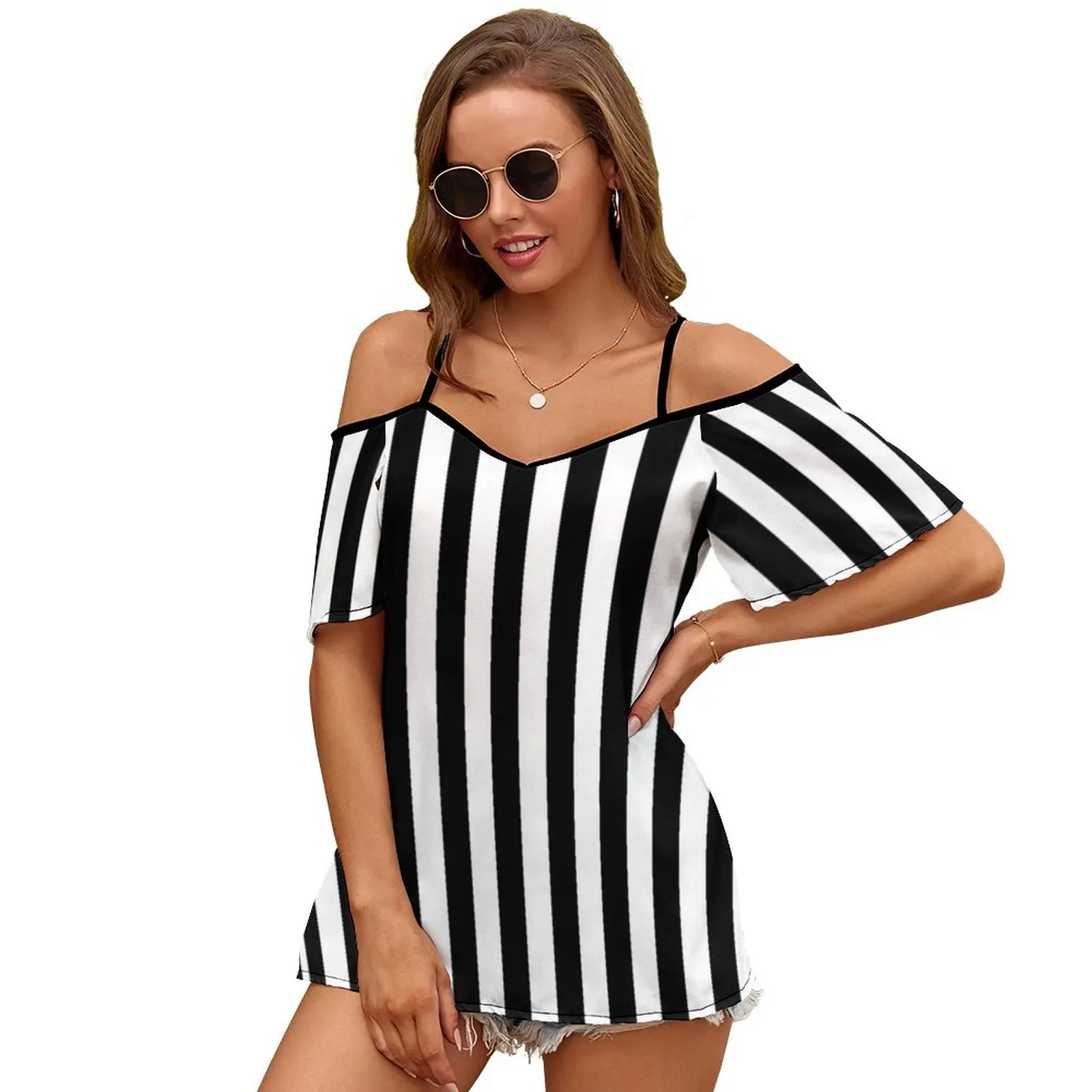 Black & White Striped Dress 2083 Women Print T Shirt Casual Off Shoulder Loose Pullover Tops Fashion Clothes Black White
