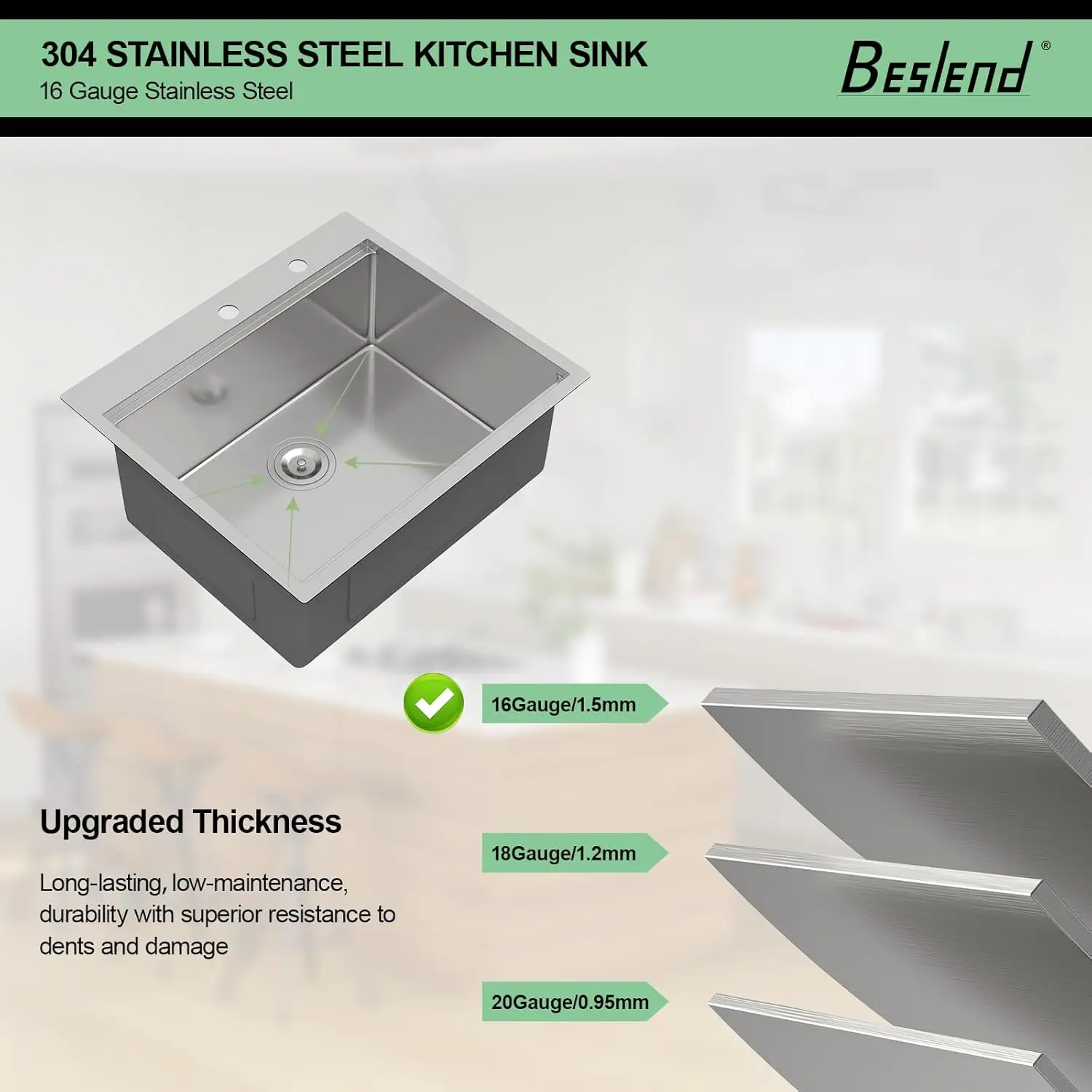 25 Drop In Kitchen Sink - Beslend 25X22 Inch Stainless Steel Kitchen Sinks Ledge Workstation Sink 16 Gauge Top Mount Sink 4